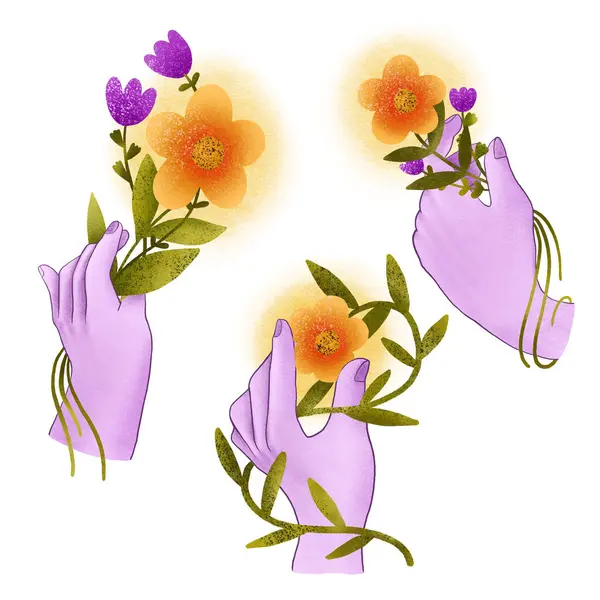 Çiçek Tutan Ellerin Çizimi Dövme Çizimi Kozmetik Ürünleri Güzellik Stüdyosu — Stok fotoğraf