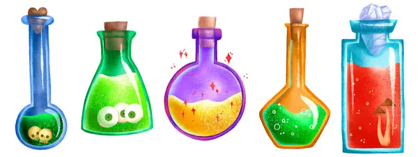 Potion Bottles Poison Love Potion Hand Drawn Illustration Bright Illustration — Stock Photo, Image