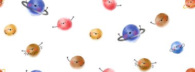 Elle çizilmiş gezegenleri olan hoş, pürüzsüz bir desen. Güneş sistemi. Yüzleri olan komik gezegenlerle dolu bir yer. Çocuk odası, tekstil, duvar kağıdı, baskı ve giysi için şirin bebek arka planı