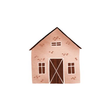 Çekilmiş tuğla ev. Kır evi. İzole edilmiş bir grupta şirin bir el çizimi bebek çizimi