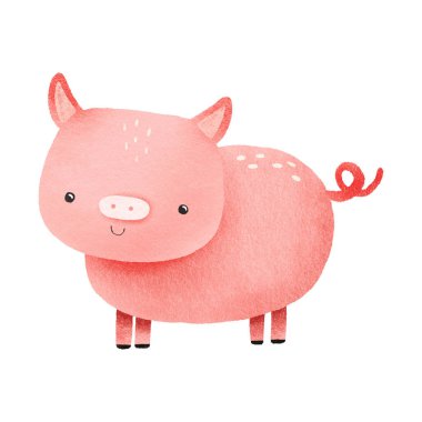 Pembe neşeli domuz. Sevimli çizgi film hayvanları. Kırsal çiftlik hayvanları. İzole edilmiş bir grupta şirin bir el çizimi bebek çizimi