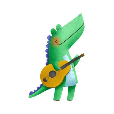 Green T-Rex Dinozor Gitarı Sallıyor. Dinozor tyrannosaurus müzisyeni, gitarlı bir karakter. İzole edilmiş arka planda el çizimi çocuk resimleri