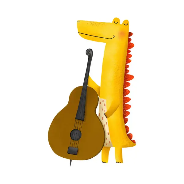 Cute yellow dinosaur musician plays the cello. Hand-drawn cartoon character. Dinosaur musician. Illustration for children. Graphic for typography poster, card, label, flyer, page, banner, baby wear, nursery