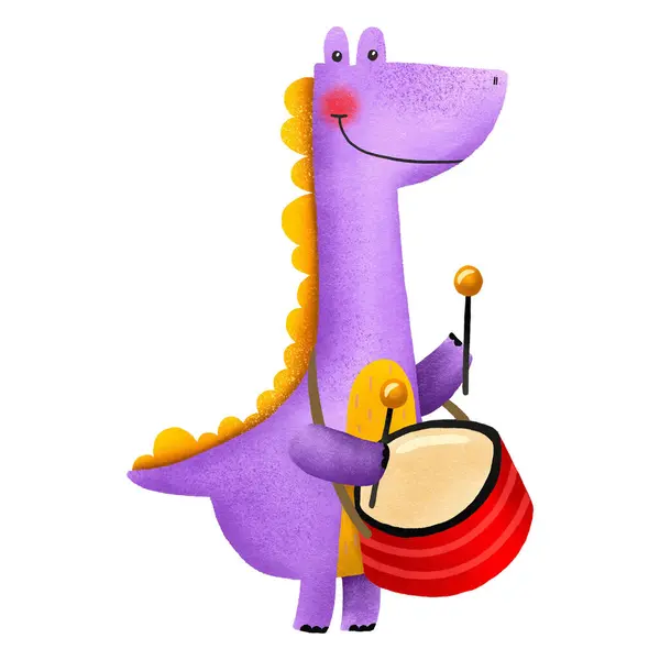 Cartoon purple dinosaur plays the drum. Musician drummer. Illustration for children. Graphic for typography poster, card, label, flyer, page, banner, baby wear, nursery