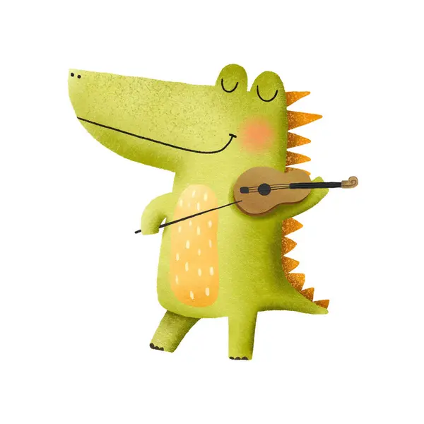 Cute green dinosaur plays the violin. Hand-drawn cartoon character. Dinosaur musician. Illustration for children. Graphic for typography poster, card, label, flyer, page, banner, baby wear, nursery