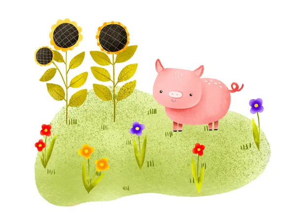 Cartoon drawing with a rural pink piglet on the lawn. Pig on the grass in flowers. Farm and barnyard. Cute children\'s hand-drawn composition for decor, cards and invitation