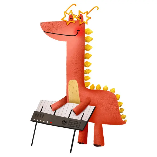 Cartoon red hand drawn dinosaur playing a synthesizer Musician pianist Dinosaur rockstar playing musical instruments Graphic for typography poster, card label flyer page banner baby wear nurser