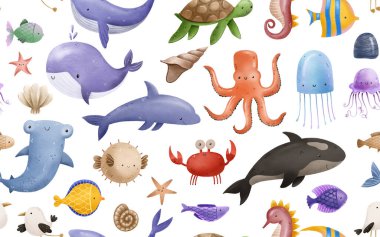 Balıklarla kusursuz desen. Su altı dünyası. Flora ve fauna köpekbalıkları denizanası balinaları. Okyanusya. İzole edilmiş arka planda çocukların el çizimi. Tekstil