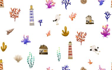 Deniz balığı, deniz kabuğu, mercan, martı ve deniz feneri desenli kusursuz deniz deseni. Deniz altı dünyası. Dekoratif balıklar. İzole edilmiş sırt grubuna çocuk eli çizimi