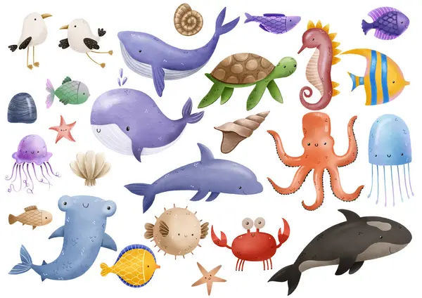 Large hand drawn set of sea animals and fish, turtles, whales, jellyfish. Ocean life, deep underwater world. Marine life. Cute childish simple illustration on isolated background
