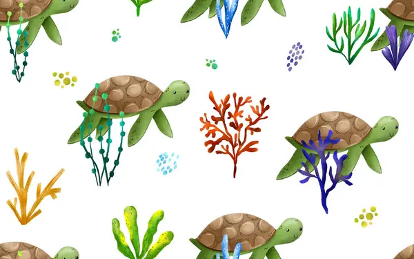 Seamless pattern with hand-drawn sea corals and algae and cartoon turtle. Underwater sea world. Oceania and the underwater world. Children\'s hand drawn illustration on isolated background. Textil