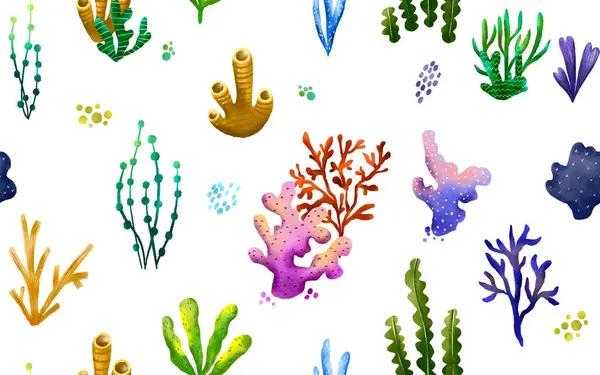 Seamless pattern with hand-drawn sea corals and algae. Underwater sea world. Flora of Oceania. Fabulous underwater world. Children's hand drawn illustration on isolated background. Textil