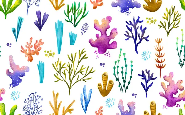 Seamless background with hand-drawn sea corals and algae. Underwater sea world. Flora of Oceania. Fabulous underwater world. Children\'s hand drawn illustration on isolated backgroun