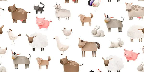 Farm Animals Seamless Pattern Cute Cartoon Domestic Animals Cow Goat — Stock Photo, Image