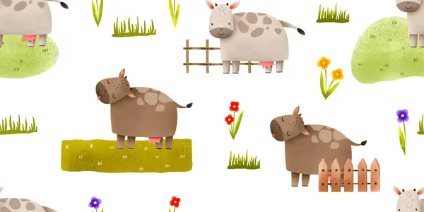 Farm Seamless Pattern Cow Cute Cartoon Cow Walking Green Grass — Stock Photo, Image