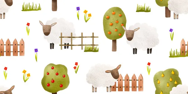 Farm Seamless Pattern Sheep Cute Cartoon Sheep Fruit Trees Wooden — Stock Photo, Image