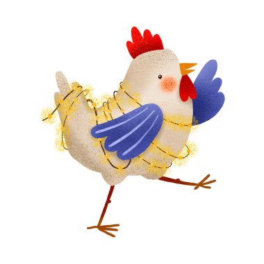 Parlayan bir çelengi olan, el yapımı neşeli bir horoz. Doğum günü illüstrasyonu. Çocukların doğum günü ve bebek şovu için şirin çocuklar çizgi film çizimi