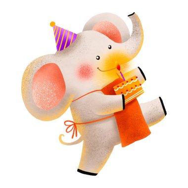 Neşeli bir el çizimi fil doğum günü pastası taşıyor. Fırıncı ve tatlı. Doğum günü illüstrasyonu. Çocukların doğum günü ve bebek şovu için şirin çocuklar çizgi film çizimi