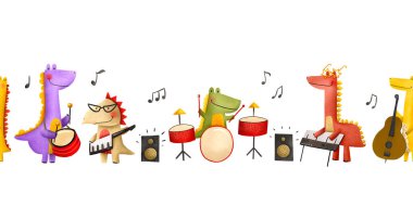 Müzisyenlerle kusursuz bir sınır düzeni. Rock yıldızı dinozorlar bir orkestrada gösteri yapıyorlar. Müzik konseri. Sonsuz el çizimi arka plan çizimi. Tekstil yazdırma isteği için ideal