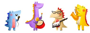Dinozorlar hazır. Rock yıldızı dinozorlar müzik enstrümanları çalar. İzole edilmiş sırt grubunda el çizimi çocuk çizimi