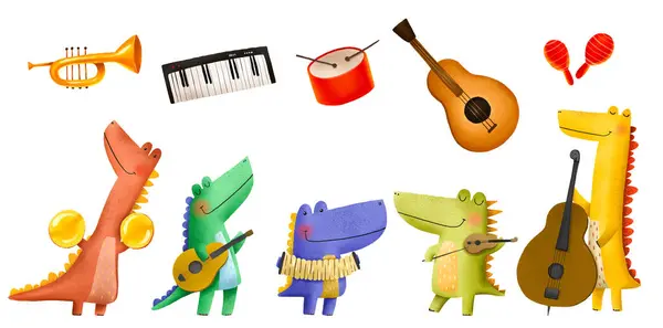 Cute illustration with dinosaurs. Dinosaurs Rock stars and musical instruments. Orchestra. Cartoon characters. Hand drawn children\'s illustration on isolated backgroun