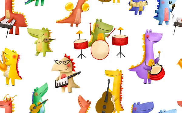 Seamless pattern with cartoon dinosaurs musicians. Rock stars play musical instruments. Concert of a music group. Funny hand-drawn orchestra artists. Endless hand drawn background