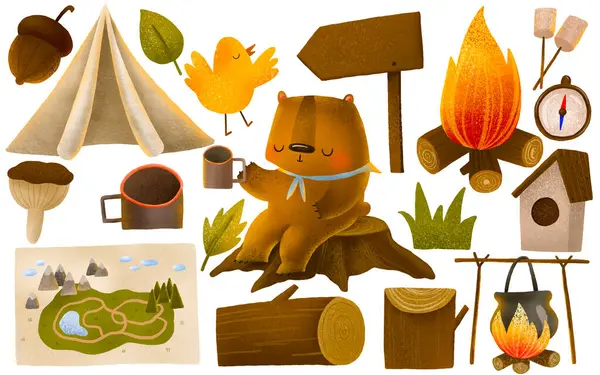 Travel kit for the traveler. A bear tourist sits on a stump, a tent and a fire. Hiking and adventure. Children\'s hand drawn set for stickers and printing