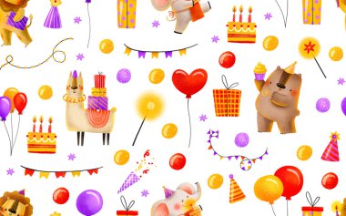 Tatil için kusursuz bir arka plan. Vahşi hayvanlar mutlu yıllar diler. Çocukların doğum günleri ve çocuk tatilleri için el çizimi arka plan