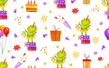 Çocuk tatili için kurbağa desenli kusursuz. Kurbağa hediyelerle dolu kutuların üzerinde duruyor ve elinde bir çelenk tutuyor. Karikatür festivalinin doğum günü geçmişi. Doğum günleri için çocukların el çizimi geçmişi