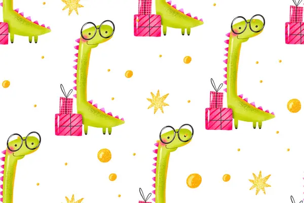Seamless background with green cartoon dinosaur in glasses and with pink gifts celebrating birthday. Hand drawn holiday illustration on isolated backgroun