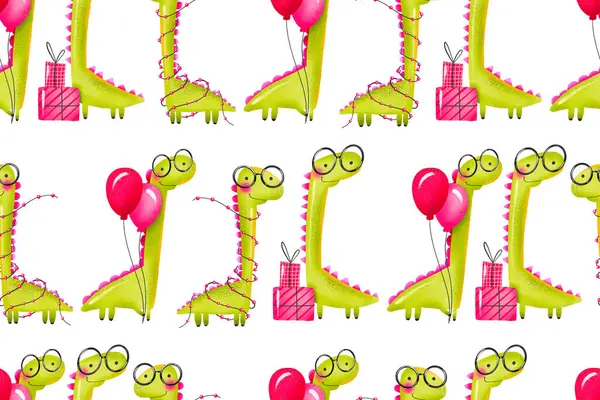 Seamless background with green cartoon dinosaurs celebrating birthday. Hand drawn holiday illustration on isolated backgroun