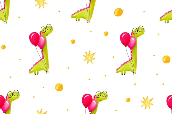 Seamless background with green cartoon dinosaur with glasses and pink balloons celebrating birthday. Hand drawn holiday illustration on isolated backgroun