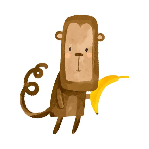 可爱的卡通猴子和香蕉 孩子们的手在孤立的背景上画了图画 理想的贴纸和打印纸 图库图片