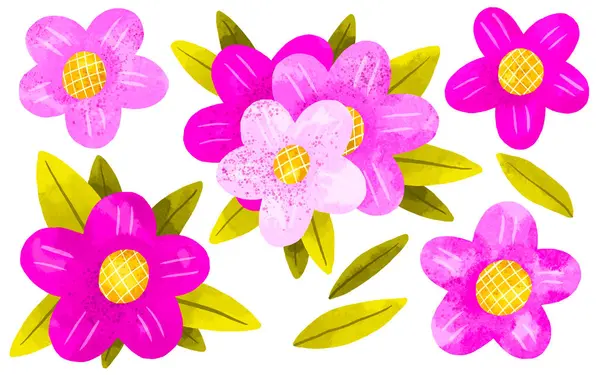 一套盛开的粉红色花朵和叶子 孤立背景图上的手绘插图 免版税图库照片