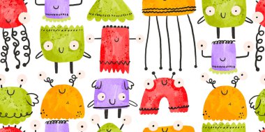 Renkli canavarlarla kusursuz bir düzen. Cadılar Bayramı geçmişi. Çizgi film canavarı. İzole edilmiş arka grupta sevimli bebek komik çizimi