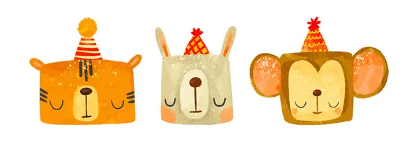 모자에 호랑이 토끼와 원숭이 생일을 축하하는 귀여운 스칸디나비아 스타일 고립된 스톡 사진