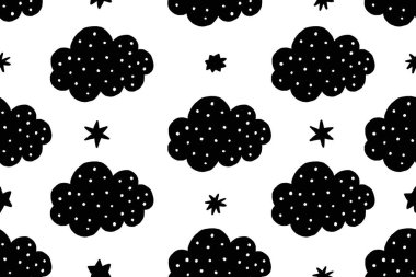 Elle çizilmiş dekoratif bulutlarla kusursuz desen. Yıldızlı gökyüzü. Yeni doğanlar için basit bir siyah beyaz arka plan. İzole bir arka planda resim. İskandinav arzusu