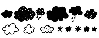 Kara bulutlar ve yağmur damlaları. Gökyüzü ve yıldızlar. Yeni doğanlar için basit siyah-beyaz çizimler. İzole bir arka planda resim. İskandinav arzusu