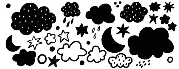 点点滴滴的云彩 天空和星星 简单的黑白新生儿图解 说明一个孤立的背景 斯堪的纳维亚设计G 图库图片