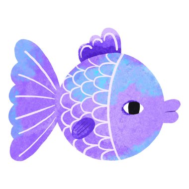 Çizgi film tarzında büyük gözlü mavi balık. İzole edilmiş sırt grubuna çocuk eli çizimi
