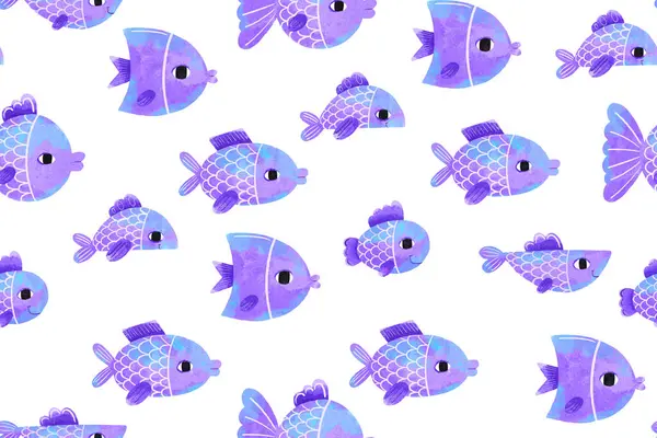 Bezproblémový Vzor Kreslenou Modrou Rybou Hluboko Pod Vodou Dětská Ruka Stock Snímky