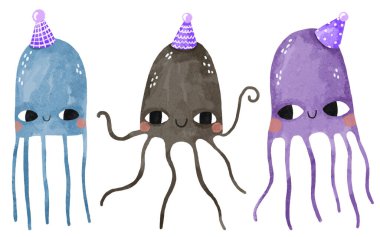 Çizgi film tarzında renkli denizanası seti. Denizanası doğum gününü kutluyor. İzole edilmiş sırt grubuna çocuk eli çizimi