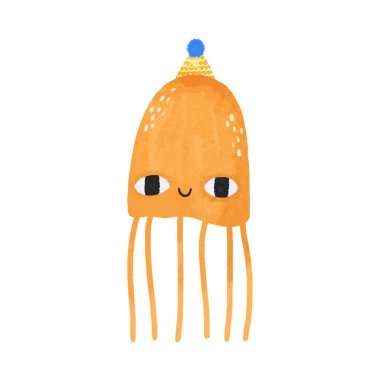 Deniz altı dünyası. Bir çocuğun doğum gününü kutlayan kepli denizanası çizimi. Suyun altında. Okyanusya. Çocuk eli, izole edilmiş arka grup üzerine çizgi film çizimi