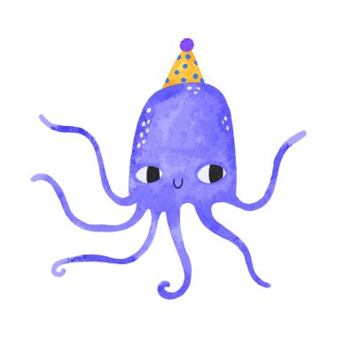 Deniz altı dünyası. Doğum gününü kutlamak için parti şapkasıyla mavi sekiz çiziyor. Suyun altında. Okyanusya. Çocuk eli, izole edilmiş arka grup üzerine çizgi film çizimi