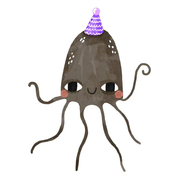 스타일의 해파리 모자에 메두사는 생일을 축하합니다 Backgroun에 어린이 손으로 일러스트레이션 스톡 사진