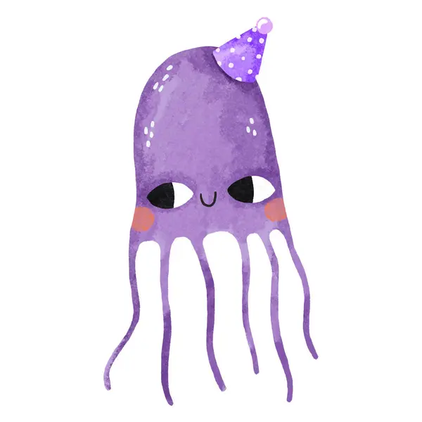 Medusas Moradas Estilo Dibujos Animados Medusa Celebra Cumpleaños Medusa Con Fotos de stock libres de derechos