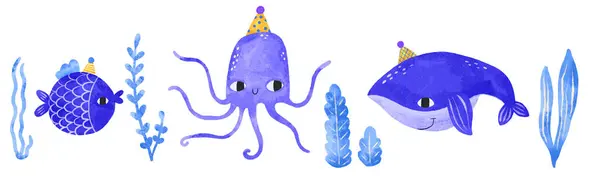 Mundo Submarino Colección Peces Azules Una Gorra Fiesta Celebrando Cumpleaños Imagen de stock