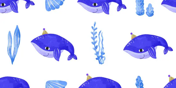 고래와 해초와 원활한 패턴입니다 물고기는 생일을 축하합니다 오세아니아 Backgroun에 어린이 스톡 이미지