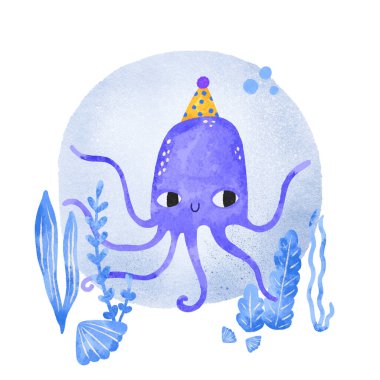 Deniz tabanında algler ve mercanlarla birlikte bir ahtapot bileşimi. İyi ki doğdun İzole edilmiş arka grupta hoş bir el çizimi.