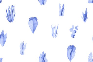 Mavi alglerle kusursuz desen. Su altı dünyasının izole bir arka planda elle çizilmiş suluboya çizimi. Deniz yosunu ve mercan. Baskı ve tasarım için ideal. Arkaplan